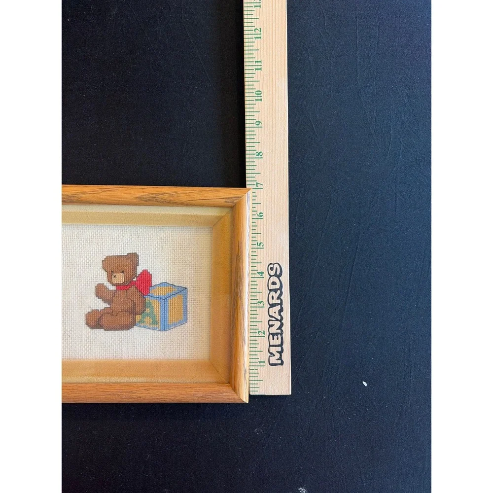 Vintage Teddy Bear Cross Stitch Framed Art Set 2 Nursery Decor Oak Frames 7.5